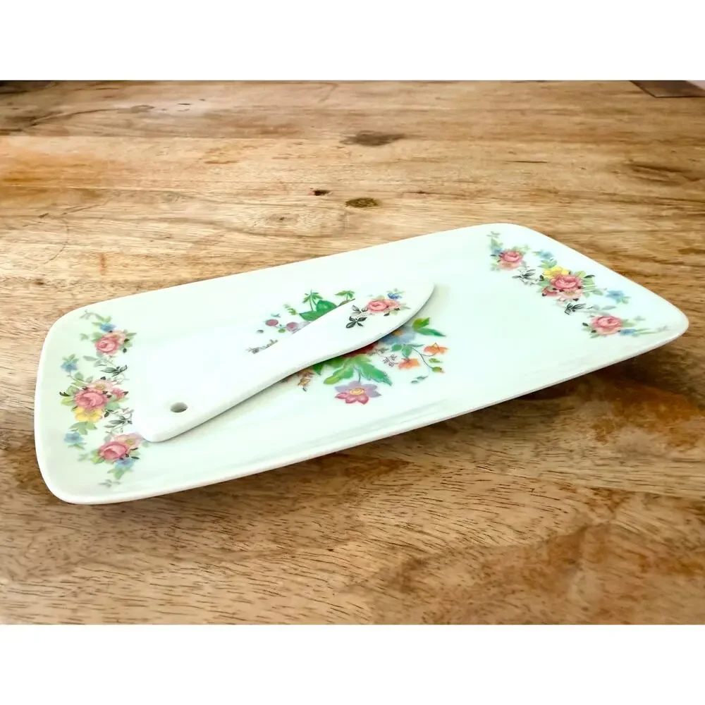 Vintage Floral Cheese Board Set Porcelain Tray with Server Pink Rose Cottage